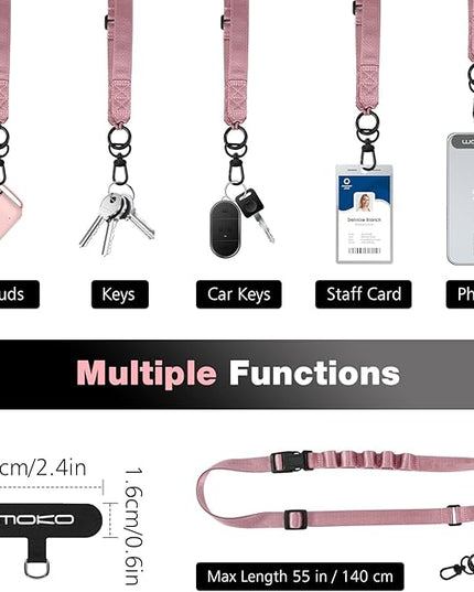 MoKo Universal Phone Lanyard, Nylon Adjustable Cell Phone Crossbody Strap Detachable Women & Men Cellphone Lanyards Around the Neck with Patches for iPhone, Most Smartphone, Rose Gold