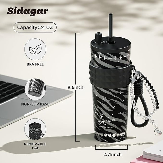 24 oz Stainless Steel Tumbler with Lid and Straw, Insulated Coffee Mug, Leak Proof, Portable Iced Travel Water Bottle, Reusable Thermal Coffee Cup Gift for Women, Black