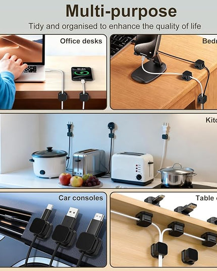 6 Pack Magnetic Cable Clips, Cord Organizer Holder with Strong Adhesive, Desk Cable Management for Home Office Car Desktop Nightstand, Adjustable Wire Keeper, Black