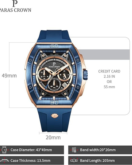 Paras Crown Watches for Men Tonneau 5ATM Waterproof Quartz Luxury Chronograph Analog Men's Wrist Watches Stainless Steel Case Mens Watches
