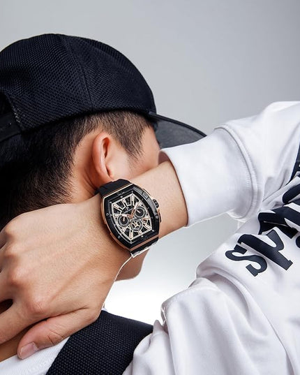 Paras Crown Watches for Men Tonneau 5ATM Waterproof Quartz Luxury Chronograph Analog Men's Wrist Watches Stainless Steel Case Mens Watches