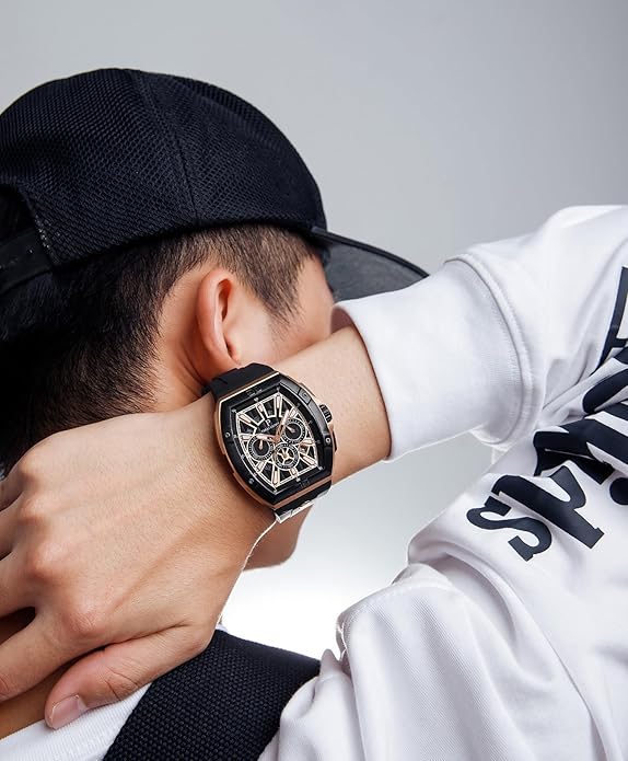 Paras Crown Watches for Men Tonneau 5ATM Waterproof Quartz Luxury Chronograph Analog Men's Wrist Watches Stainless Steel Case Mens Watches