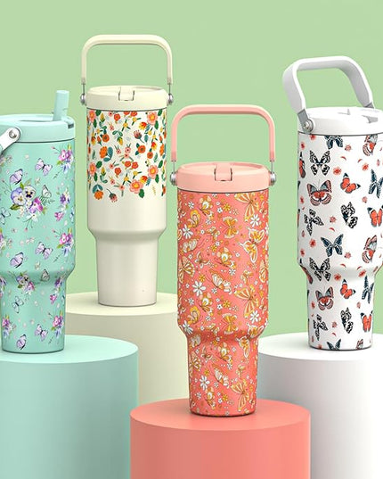 40oz Tumbler with Handle and Straw, Vacuum Insulated Tumblers with Flip Straw and Top Handle, Reusable Insulated Cup for Home, Outdoors, Leakproof, Fits in Cup Holder, Cold for 30 Hours