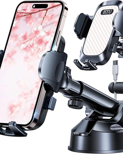 HTU 2026 Ultimate Best【True Military-Grade & Safety Cert】Car Phone Holder【Upgraded 360 Rotation & 100+LBS Strongest Suction】5-in-1 Truck Windshield Dashboard Vent Mount Stand for iPhone Android, Pink