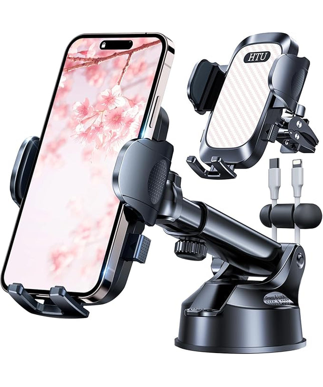 HTU 2026 Ultimate Best【True Military-Grade & Safety Cert】Car Phone Holder【Upgraded 360 Rotation & 100+LBS Strongest Suction】5-in-1 Truck Windshield Dashboard Vent Mount Stand for iPhone Android, Pink