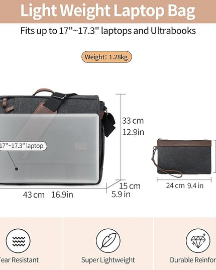 Nerlion Messenger Bag for Men 17-17.3 Inch Laptop Bag Canvas Water-resistant Computer Bag Shoulder Bag Work Briefcase Bookbag for College (Dark Gray)