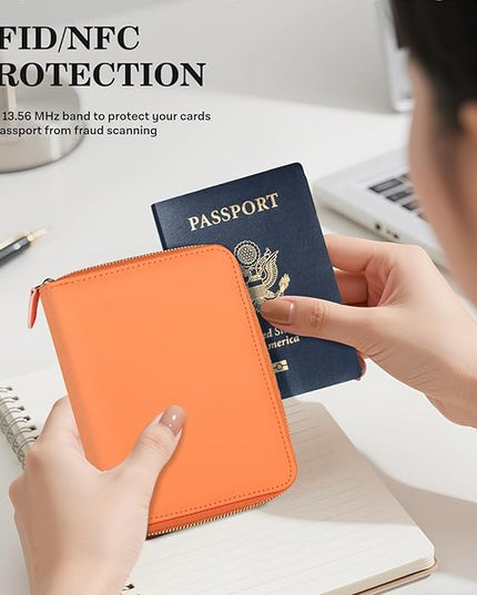CoBak Passport Holder Cover with Safe Zipper Closure, Premium Passport Wallet for Travel, RFID Blocking Card Case, Waterproof Travel Accessories for Women, Grain Rose Gold