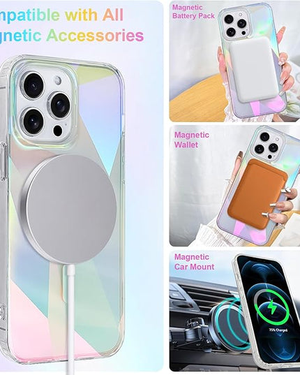 Cute Case for iPhone 12 Pro Max Case for Women Girls [ Compatible with Magsafe ] Clear Glitter Girly Aesthetic Rainbow Sparkly Bling Magnetic Phone Cover, Iridescent Geometry