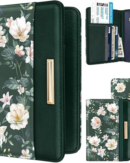 Passport Holder Cover Travel RFID Blocking Passport Cover Rose Gold Cute Flowers Passport Wallet with Elastic Band for Women