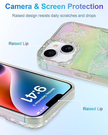 Cute Case for iPhone 14 & 13 Case for Women Girls, with 3D Butterflies Pattern Design, Aesthetic Clear Iridescent Glitter Kawaii Girly Rainbow Protective Phone Cover