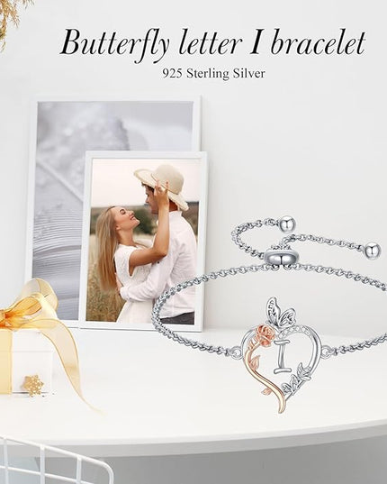 TOUPOP Gifts for Women Rose Heart Initial Bracelet 925 Sterling Silver Butterfly Letter Link Bracelet Love Jewelry Valentines Day Birthday Gifts for Her Wife Girlfriend Mom