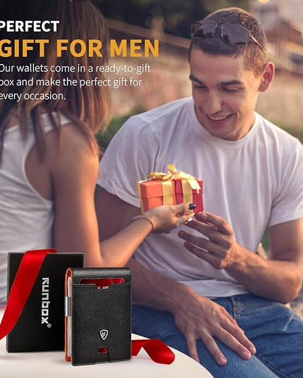 RUNBOX Mens Slim Wallet with Money Clip RFID Blocking Bifold Credit Card Holder for Men with Gift Box