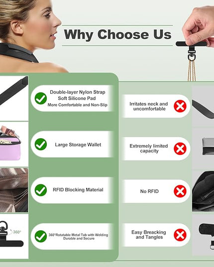 Clip and Go Strap for Phone with Wallet Crossbody, Adjustable Phone Lanyard with Detachable RFID Wristlet Wallet & Ultra-Thin 360° Rotatable Metal Tabs for All Smartphones (Purple)