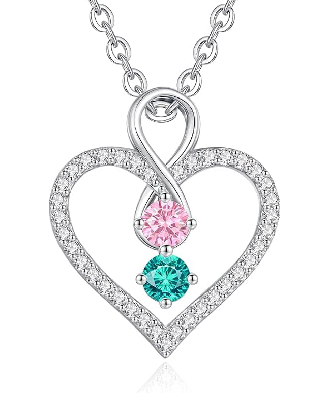 LOUISA SECRET Infinity Double Birthstone Necklace, 925 Sterling Silver Tiny Pendant Heart Necklace for Women Wife Her, Best Jewelry Gift Heart Jewelry Meaningful Gift for Valentine's Day, Christmas, Birthday Anniversary