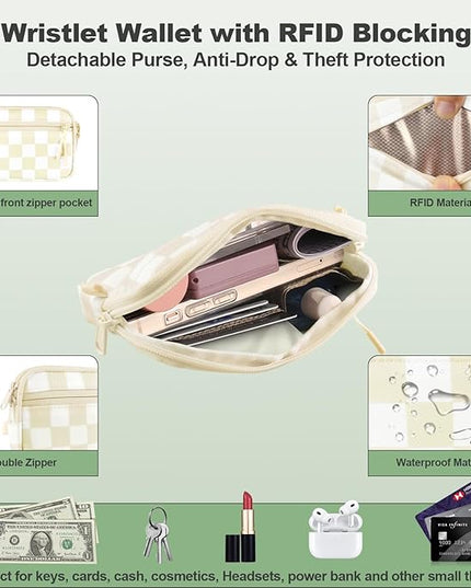 Clip and Go Strap for Phone with Wallet Crossbody, Adjustable Phone Lanyard with Detachable RFID Wristlet Wallet, Phone Strap with Phone Tabs for All Phones, Cream Checkered (M)