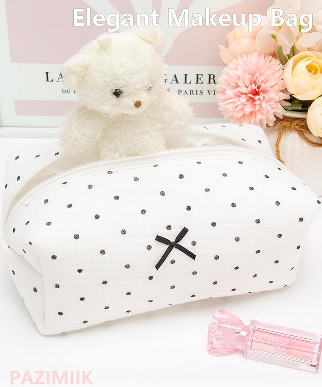 PAZIMIIK Cozy Makeup Bag Small Aesthetic Travel Zipper Cosmetic Pouch for Women Make Up Beauty Accessories Brushes,Polka Dot