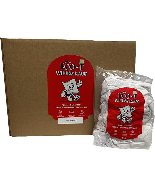 24 X 1 lb Bags (24 Lbs) Eco-T Paint Rags - White T-Shirt Material, 100% Recycled, Eco-Friendly, High Absorbency, Low Lint, Low-Cost, Painting and Cleaning Cloth