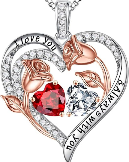 Iefil Christmas Gifts for Women Wife - 925 Sterling Silver Rose Heart Birthstone Necklace Birthday Anniversary Jewelry Gifts for Her Wife Mom Daughter