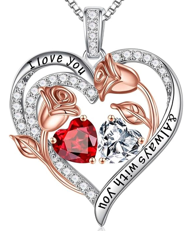 Iefil Christmas Gifts for Women Wife - 925 Sterling Silver Rose Heart Birthstone Necklace Birthday Anniversary Jewelry Gifts for Her Wife Mom Daughter