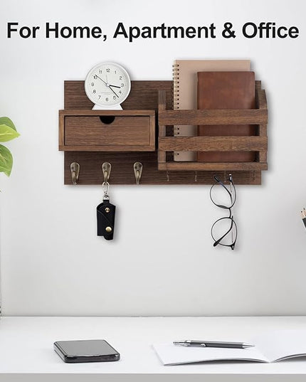 Lwenki Wall Mount Key Holder with Mail Organizer, 100% Paulownia Wood, 7 Metal Hooks, Storage Drawer, Entryway Home Decor (Brown)