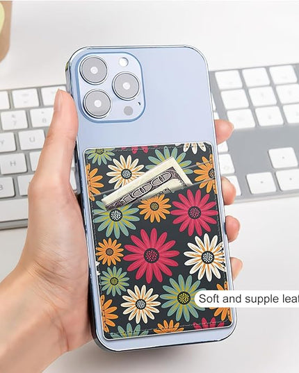 Phone Card Holder, Dual Pocket Leather Wallet Adhesive Stick On, Cute Credit Card Holder for Smartphones Case Compatible with Most Phone（Red flowers）