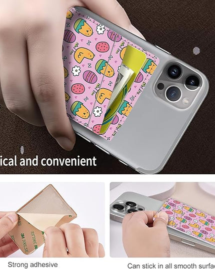 Phone Card Holder, Dual Pocket Leather Wallet Adhesive Stick On, Cute Credit Card Holder for Smartphones Case Compatible with Most Phone（Cute chick）