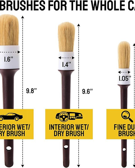 Soft Boar Hair Car Detailing Brush Set - 3-Pack, Brown - Car Detailing Kit for Versatile Uses - Soft Bristles Cleaning Brush - Water-Resistant Handles