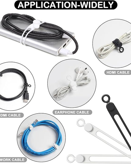 48Pcs Cord Organizer Kit, Reusable Silicone Cable Ties, Strong Adhesive Cable Clips for Cable Management, Multipurpose Wire Management for Bundling and Fastening Various Wires (Black, White)