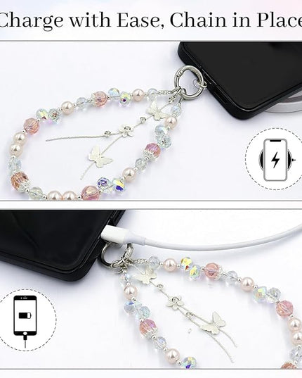 Phone Charm for Women, Anti-Theft Phone Wrist Strap Hands-Free, Crystal Beaded Chain, Detachable Cellphone Lanyard with Tether Tab