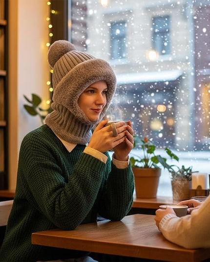 HUAMULAN Women Winter Beanie Hats One Piece Fleece Lined Knit Balaclavas Mask Set Skull Neck Circle Scarf Ski Snow Hat Pompom