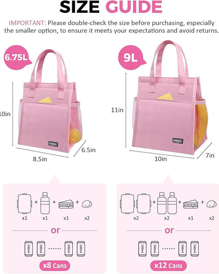 Fmeida Insulated Lunch Bag Women, 9L Large Lunch Bags with Multiple Pockets, Reusable Thermal Cooler Tote for Work, Office, Picnic, Travel | Hook and Loop Closure, Pink