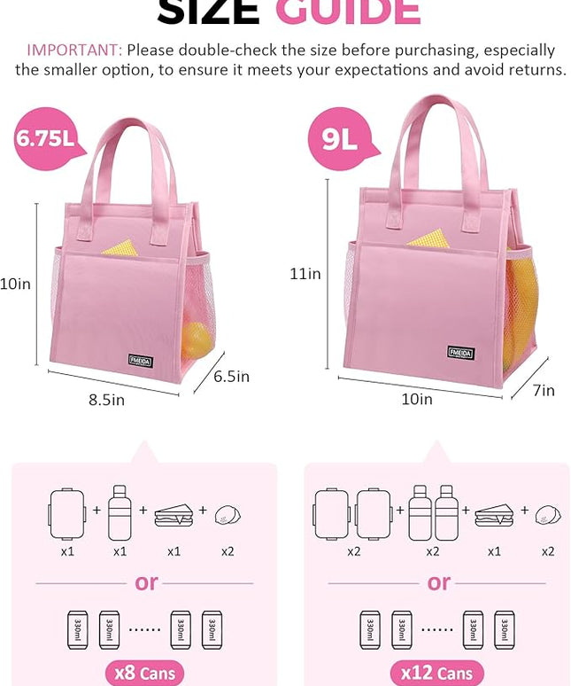 Fmeida Insulated Lunch Bag Women, 9L Large Lunch Bags with Multiple Pockets, Reusable Thermal Cooler Tote for Work, Office, Picnic, Travel | Hook and Loop Closure, Pink