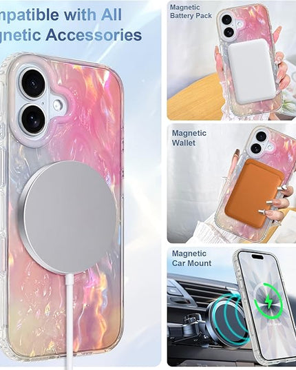 Cute Case for iPhone 17 Case for Women Girls [Compatible with Magsafe] with Translucent Pearl Pattern Design, Aesthetic Girly Magnetic Protective Phone Cover, Pink