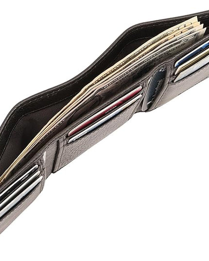 BOTANNER Genuine Leather Mens Trifold Wallet RFID Blocking 8 Credit Card Slots Section for Bills 3 Hidden Pockets | Black