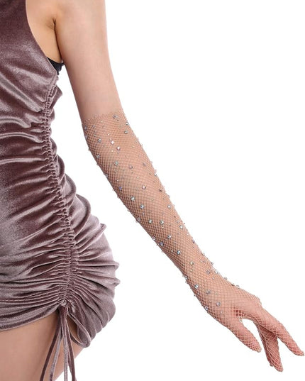 Women Rhinestone Fishnet Long Gloves Mesh Sparkly Glitter Fashion Opera Gloves For Party Halloween Costumes Accessories