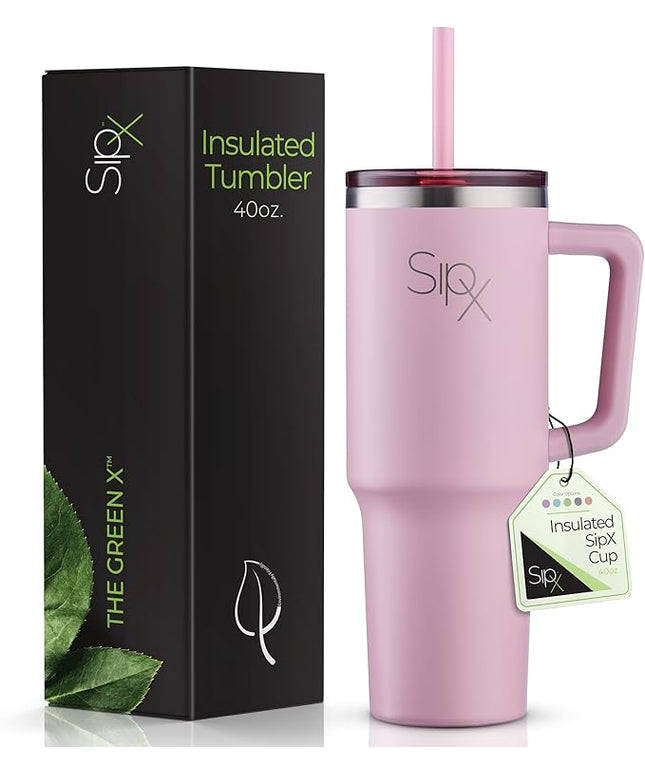 SIPX™ 40 oz Insulated Tumbler with Handle & Straw – Vacuum Insulated Stainless Steel, Leakproof, Cupholder Friendly – Perfect for Iced Coffee, Water & Travel – Pink