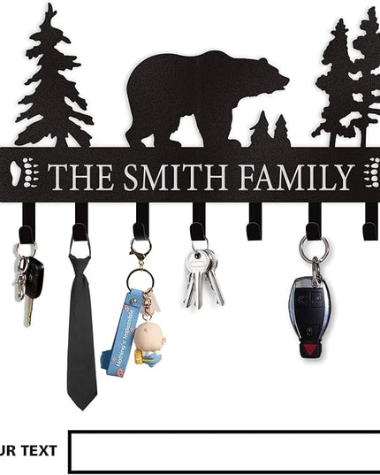 Dyoart Personalized Key Holder for Wall, Custom Metal Black Bear Coat Hook Key Holder with Name, Metal Key Rack Hanger Organizer for Entryway, Front Door, Hallway, Kitchen, Office Decor