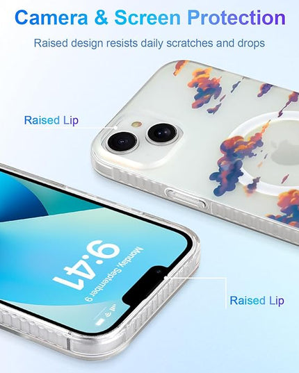 Cute Case for iPhone 13 & 14 Case for Women Girls [ Compatible with Magsafe ] Aesthetic Cloud Pattern Design, Girly Glitter Sparkly Bling Protective Phone Cover, Iridescent Sun Set Sky