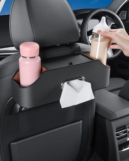 Car Seat Back Organizer - Stylish & Functional Storage for Family Adventures - Cup Holders, Tissue Box & Hooks - Perfect for Kids, Road Trips & Travel (Black)