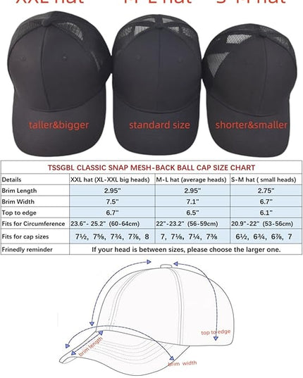 TSSGBL Classic Mesh Trucker Hat, Small & OSFM & XXL Options, Men Women Basic Adjustable Snapback Plain Blank Baseball Cap