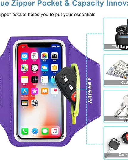 Cell Phone Running Armband with Airpods Zipper Pocket Armband Case Running Holder for iPhone 16/15/ 14/13 / 12 /11Pro Max,Galaxy S20 S10,Sweatproof Arm Band with Card/Key Bag