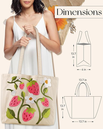 Embroidery Canvas Tote Bag for Women - Reusable Totes with Pocket & Buckle Aesthetic Cute Grocery Shoulder Bag