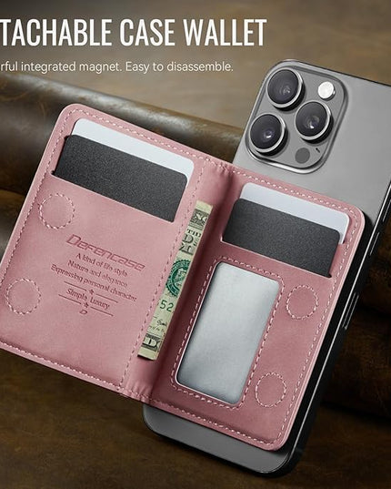 Defencase for Magsafe Wallet Magnetic Card Holder RFID Blocking, PU Leather Minimalist Phone Wallet for MagSafe Phones and Cases for iPhone 17/16/ 15/14/ 13/12/ Pro/Max/Plus/Air, Rose Pink