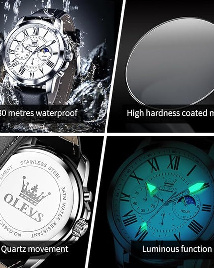 OLEVS Men's Watches Leather Strap Analog Quartz Watch, Fashion Big Dial Date Waterproof Watch, Dress Luxury Luminous Men Watches