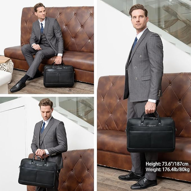 Masa Kawa Leather Briefcase for Men 17/15.6" Laptop Crossbody Shoulder Messenger Bag Business Travel Work Attache Case