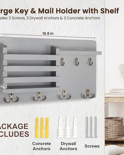 Nekon Mail Holder for Wall Mail Organizer with Key Hooks Hallway Farmhouse Decor Storage Racks with Floating Shelf and Flush Mount Hardware (16.8Inch x 10Inch x 3.2Inch) (Gray)