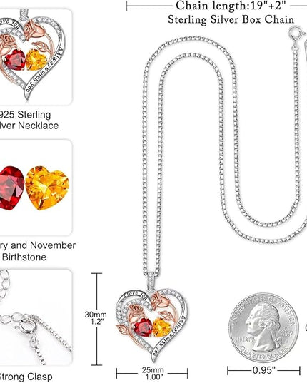Iefil Christmas Gifts for Women Wife - 925 Sterling Silver Rose Heart Birthstone Necklace Birthday Anniversary Jewelry Gifts for Her Wife Mom Daughter