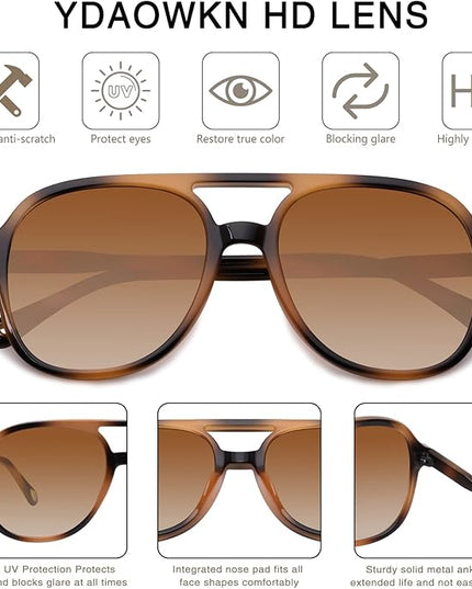 YDAOWKN Retro Square Aviator Sunglasses for Womens Mens Vintage 70s Double Bridge Sun Glasses