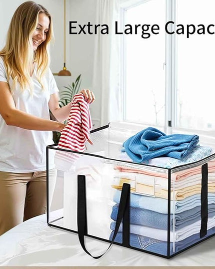 6 Pack-Extra Large Heavy Duty Moving Bags - Waterproof Storage Totes with Handles & Zippers, Foldable for College Dorm, Storage (Clear)