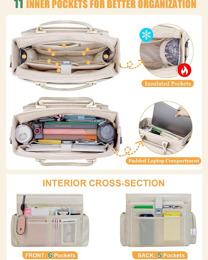 FIORETTO Teacher Tote Bag for Women with Laptop Compartment, Large Cup Holder, Zip Closure, Ideal for Work, Bible, Nurse